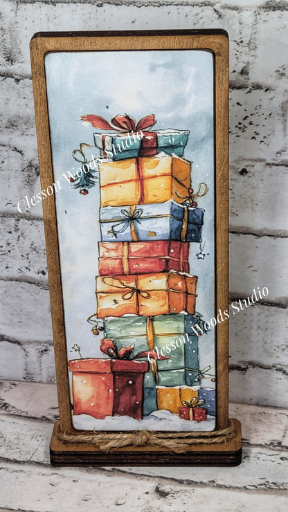Whimsical Christmas Gift Stack Vertical Standing Wood Sign