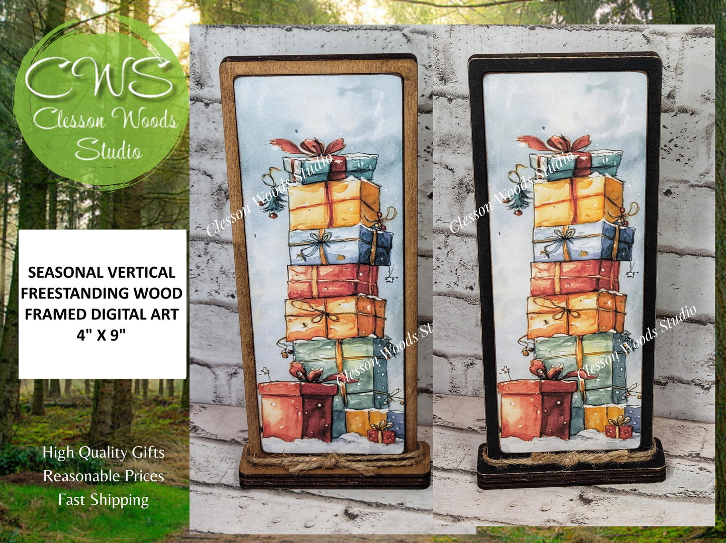 Whimsical Christmas Gift Stack Vertical Standing Wood Sign