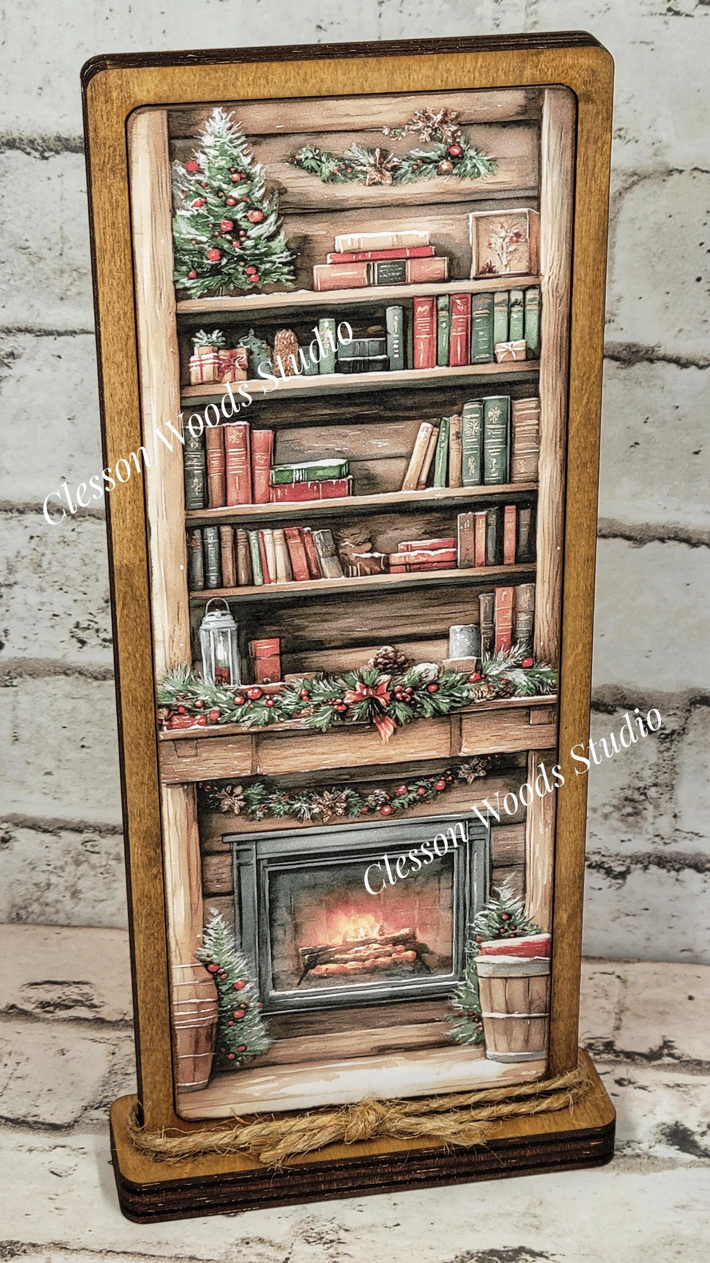 Cozy Christmas Cabin Bookshelf Fireplace Vertical Standing Wood Sign