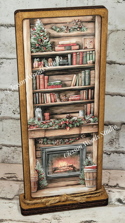 Cozy Christmas Cabin Bookshelf Fireplace Vertical Standing Wood Sign