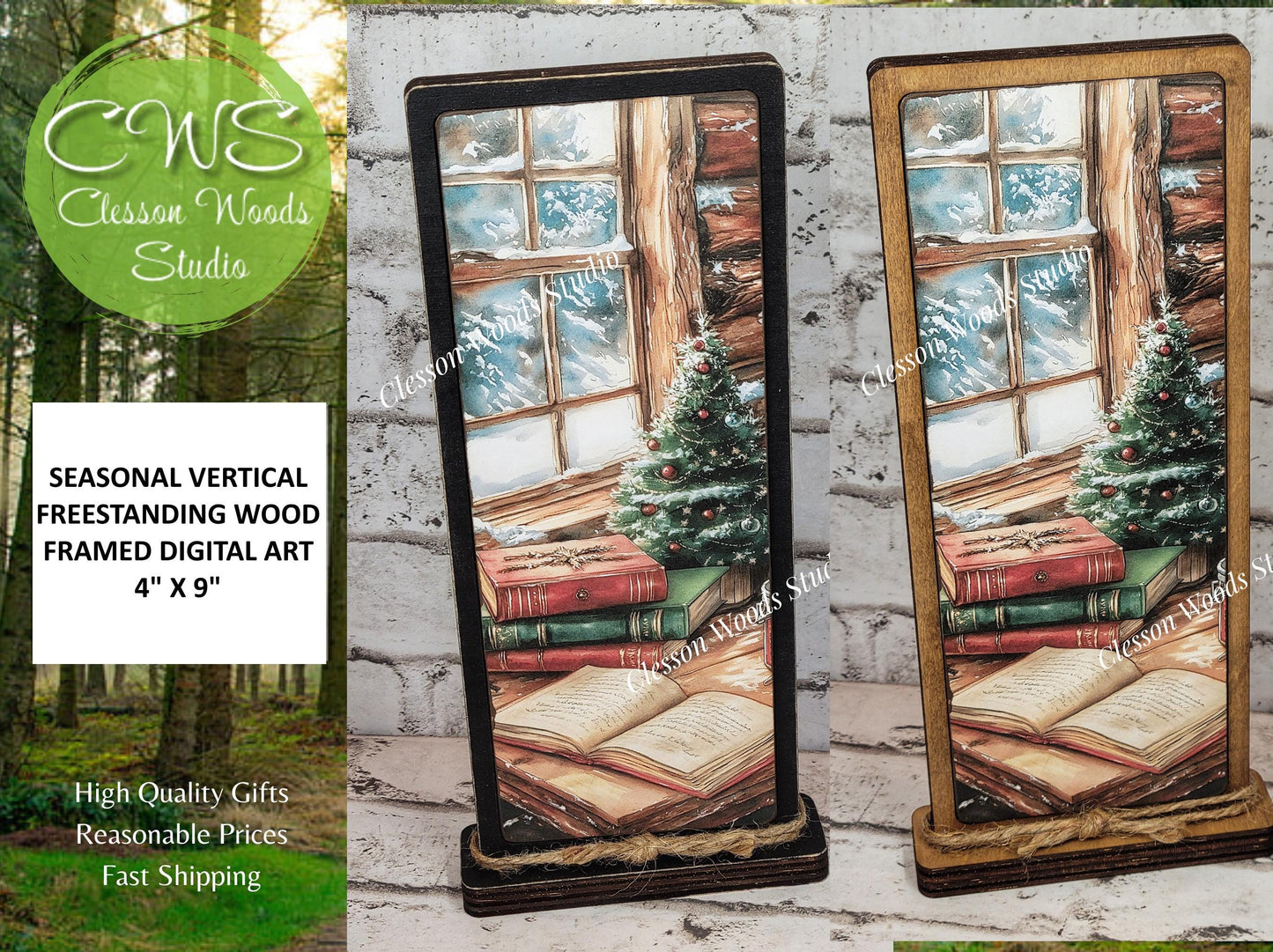 Cozy Christmas Cabin Window Desk Vertical Standing Wood Sign