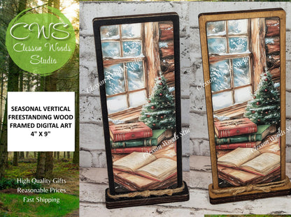 Cozy Christmas Cabin Window Desk Vertical Standing Wood Sign