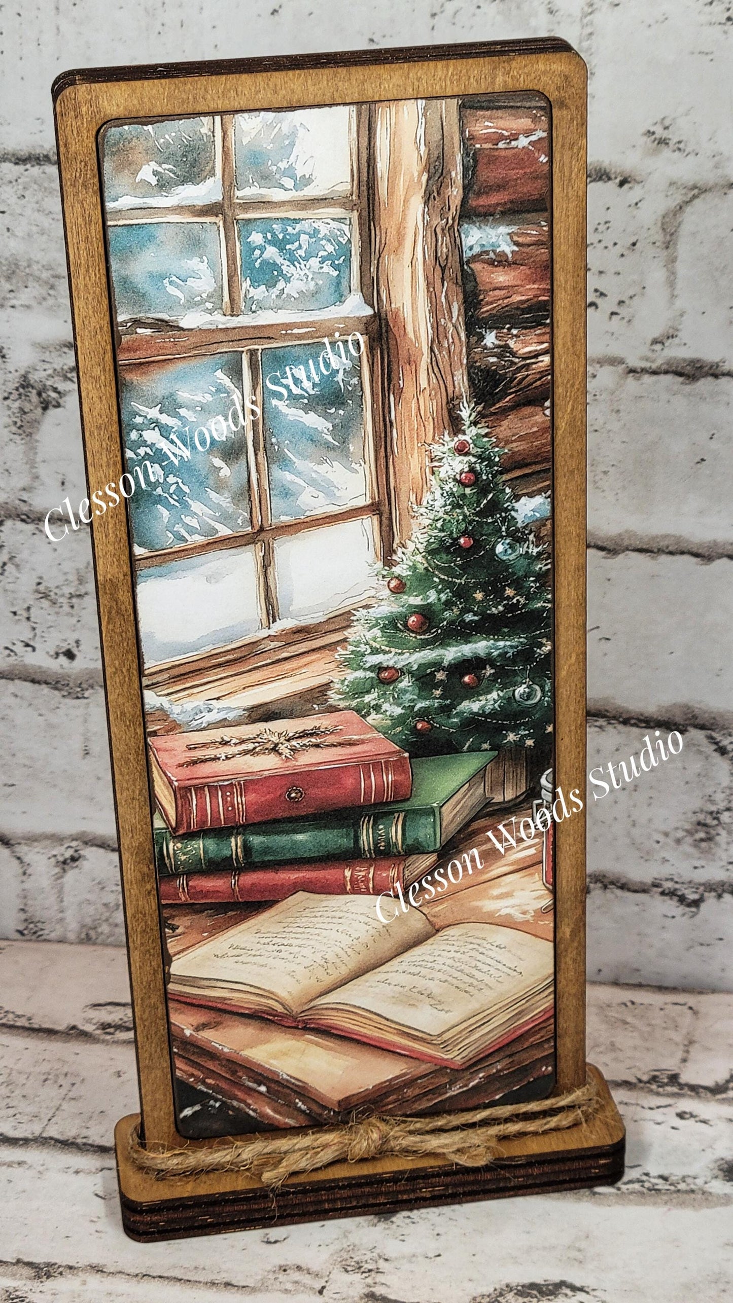 Cozy Christmas Cabin Window Desk Vertical Standing Wood Sign