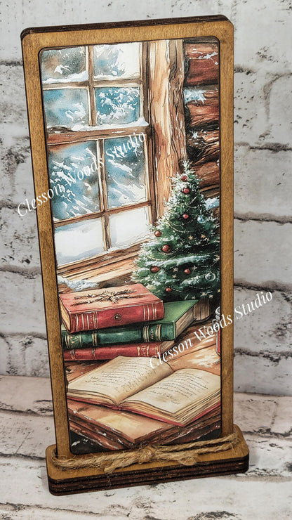 Cozy Christmas Cabin Window Desk Vertical Standing Wood Sign