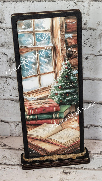 Cozy Christmas Cabin Window Desk Vertical Standing Wood Sign