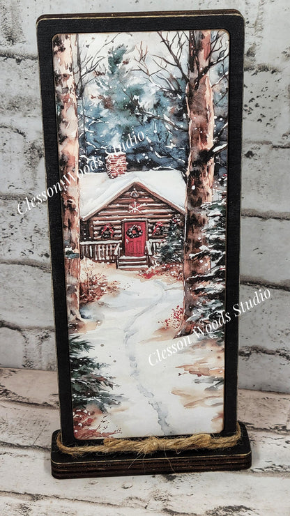 Cozy Christmas Winter Cabin Vertical Standing Wood Sign