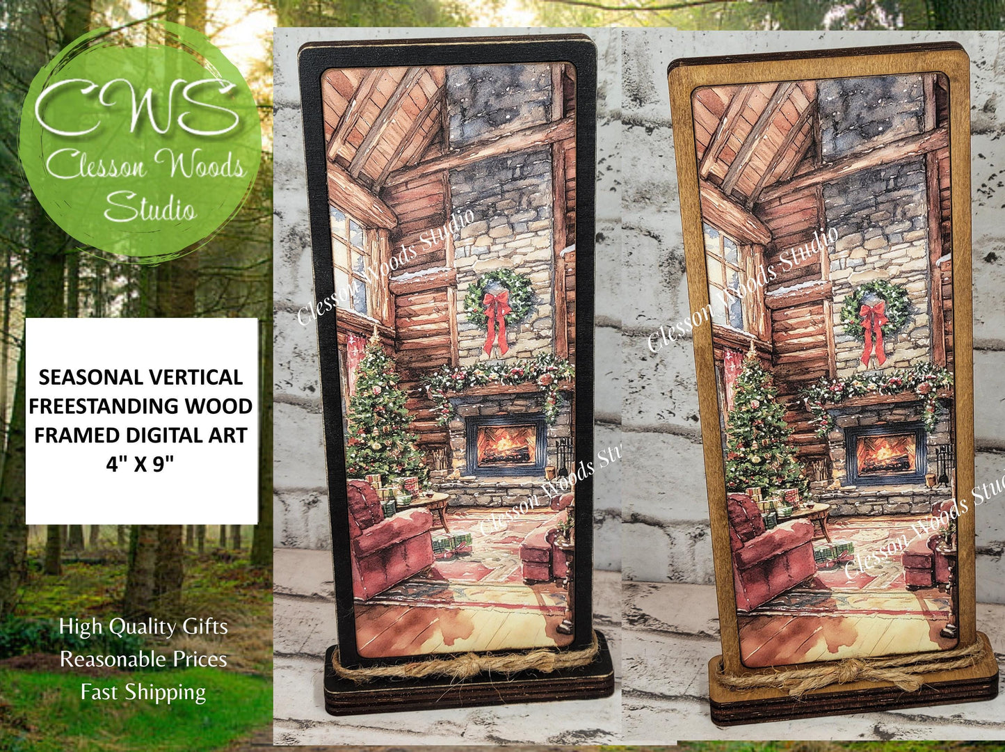 Cozy Christmas Cabin Fireplace Vertical Standing Wood Sign