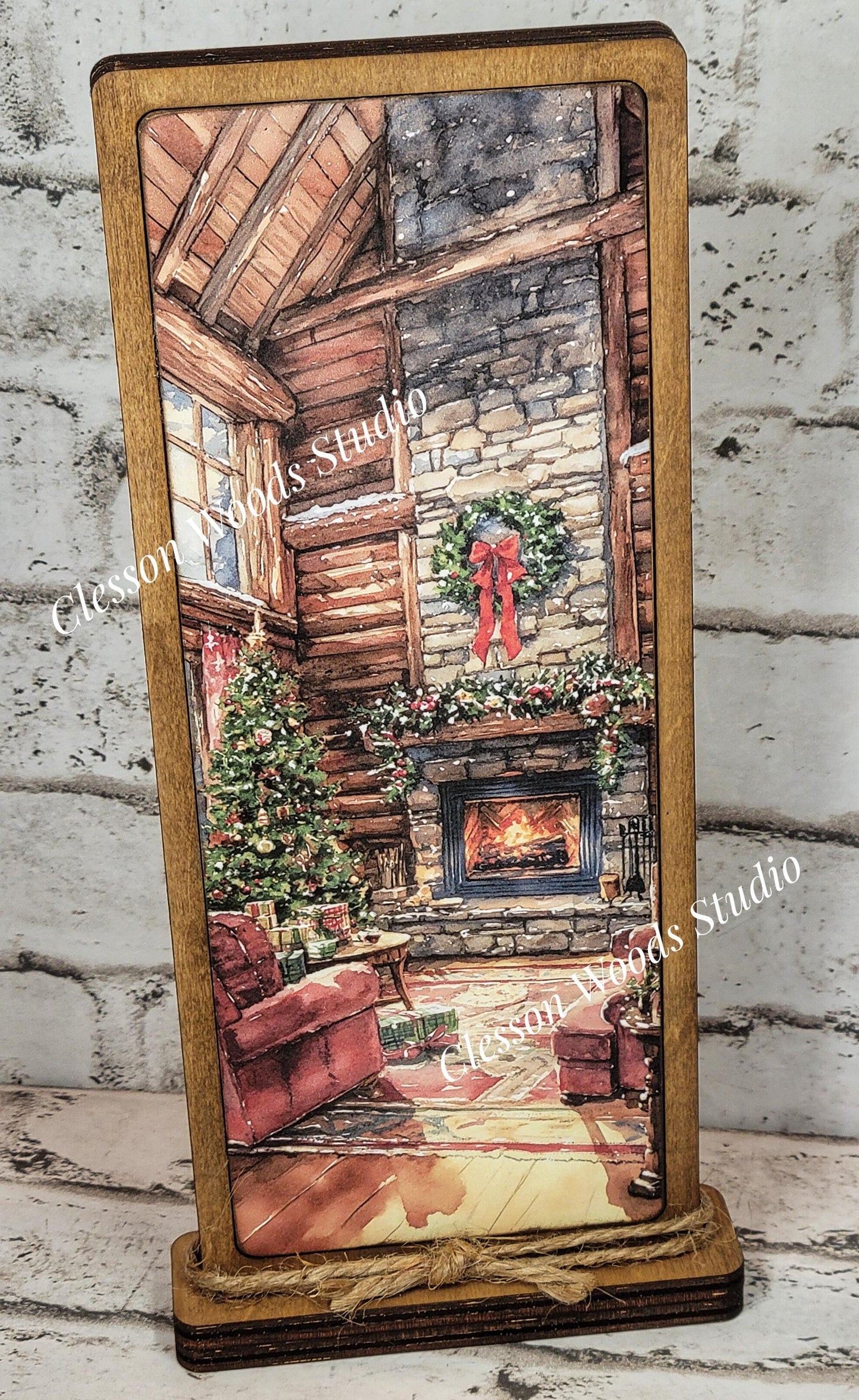 Cozy Christmas Cabin Fireplace Vertical Standing Wood Sign