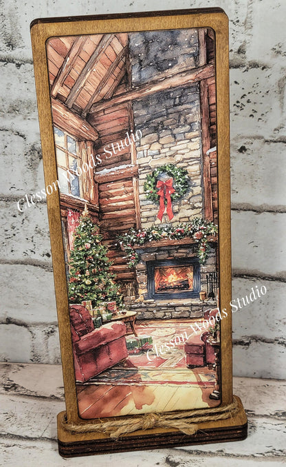 Cozy Christmas Cabin Fireplace Vertical Standing Wood Sign