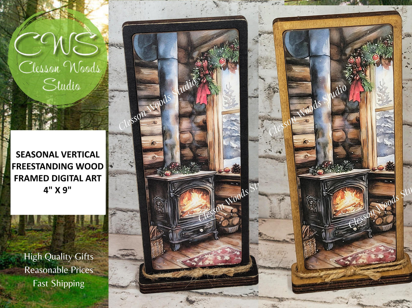 Cozy Christmas Cabin Wood Stove Vertical Standing Wood Sign