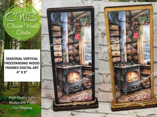 Cozy Christmas Cabin Wood Stove Vertical Standing Wood Sign