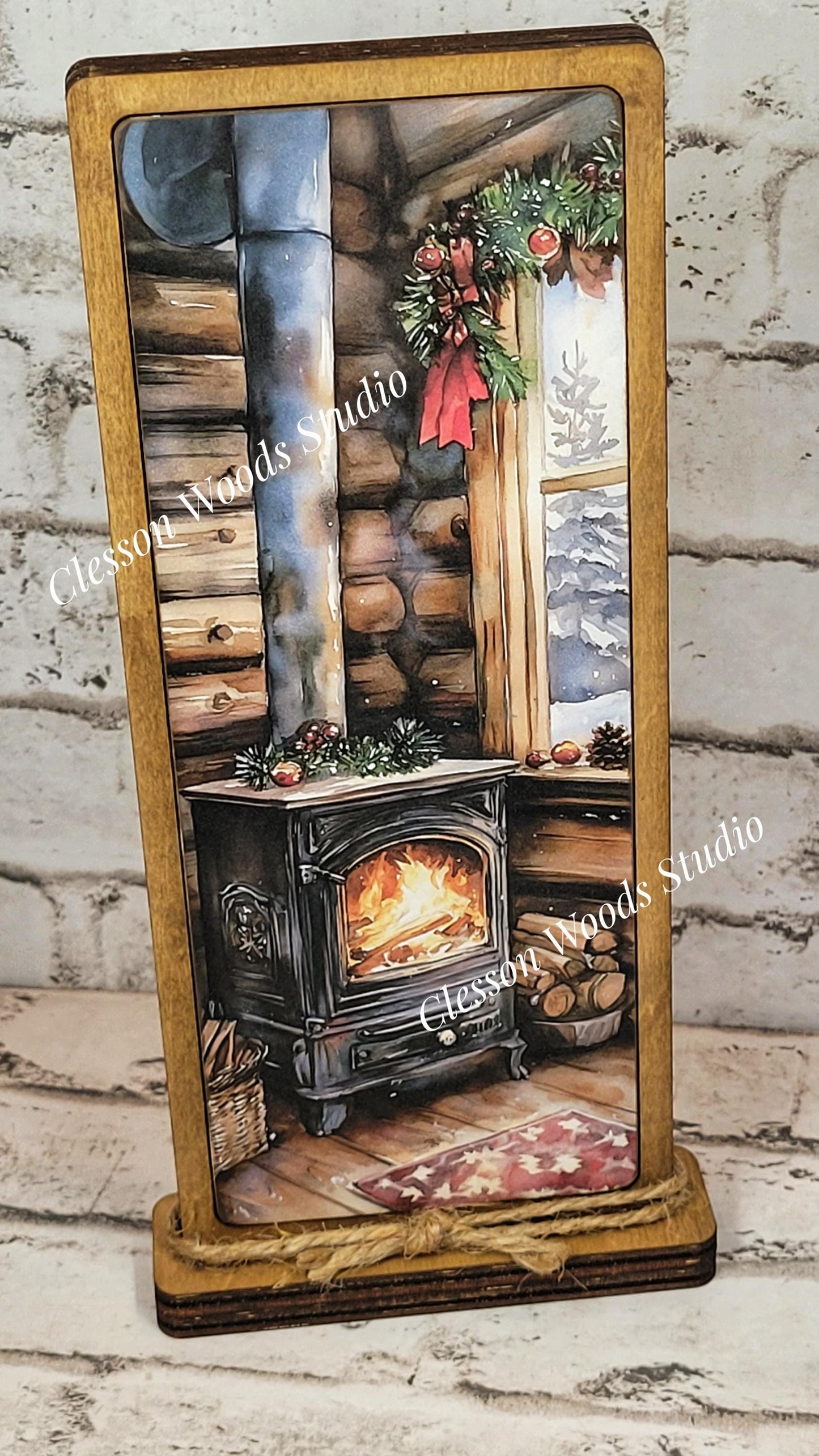 Cozy Christmas Cabin Wood Stove Vertical Standing Wood Sign