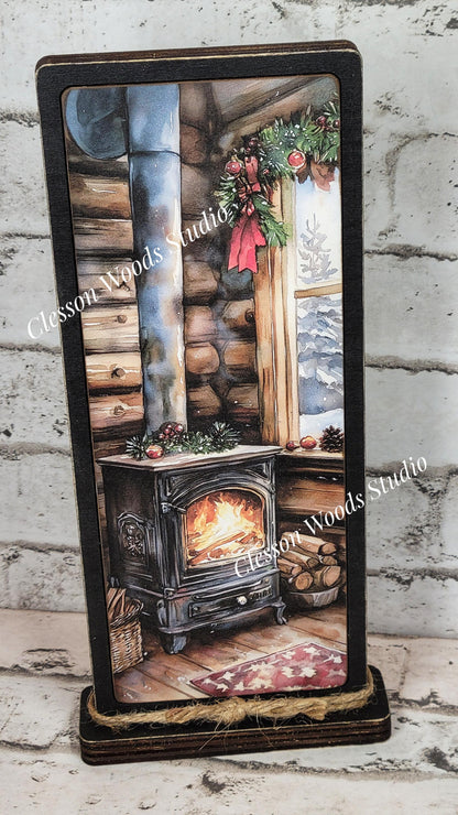 Cozy Christmas Cabin Wood Stove Vertical Standing Wood Sign