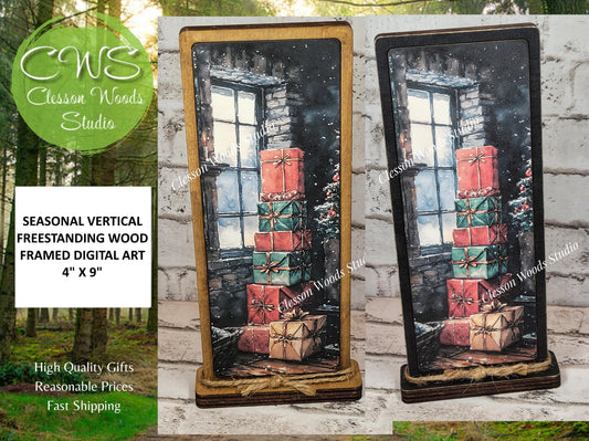 Cozy Christmas Cabin Stack of Gifts Vertical Standing Wood Sign