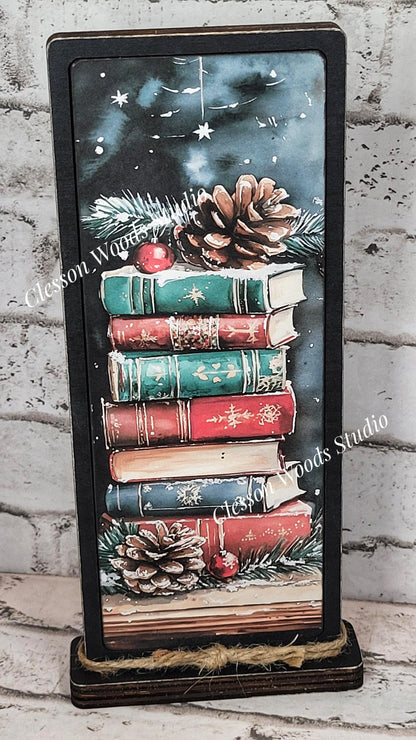 Cozy Christmas Cabin Stack of Books Vertical Standing Wood Sign