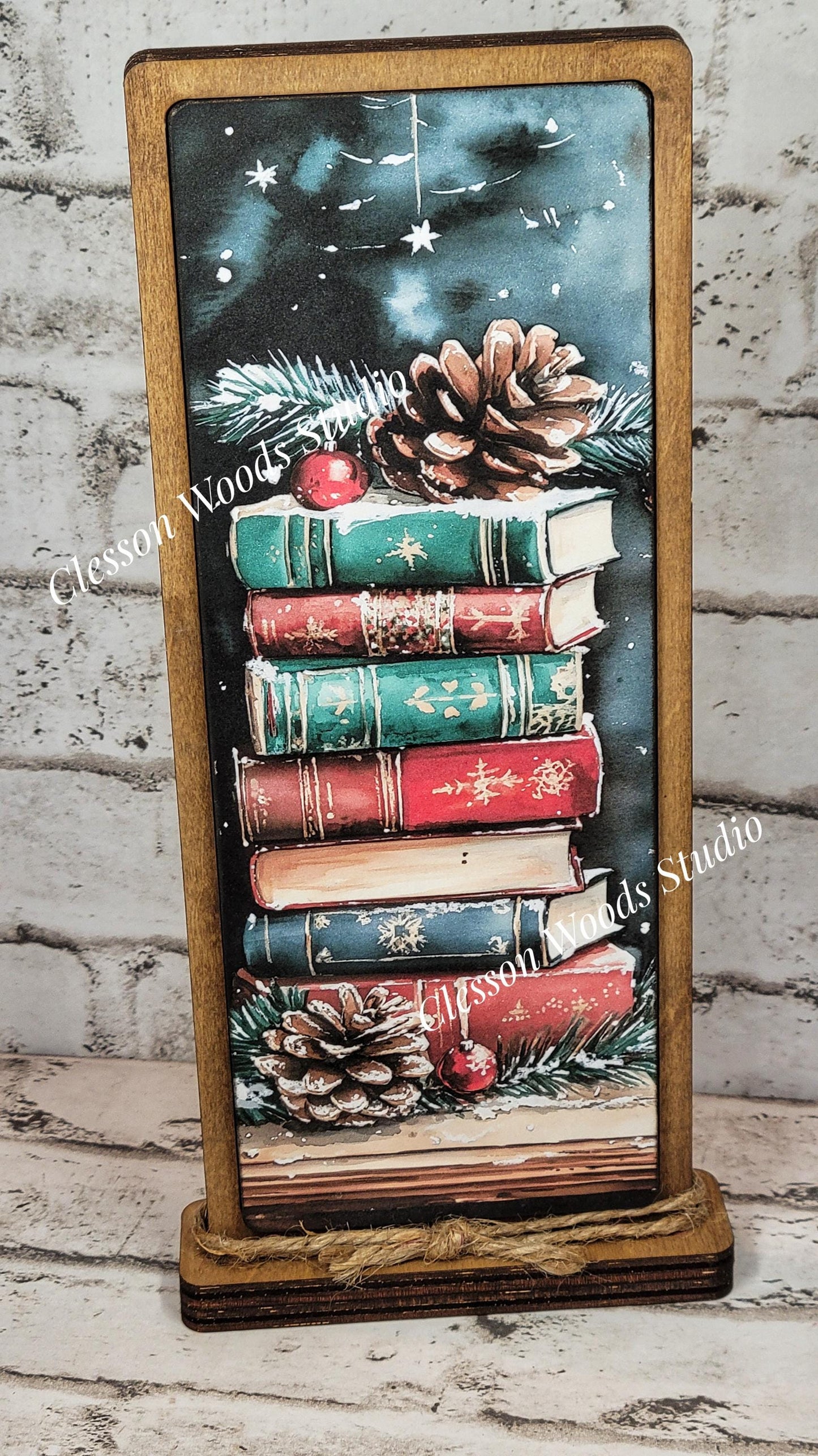 Cozy Christmas Cabin Stack of Books Vertical Standing Wood Sign
