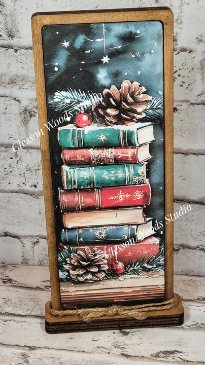 Cozy Christmas Cabin Stack of Books Vertical Standing Wood Sign