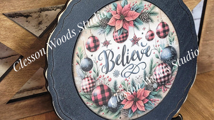 Christmas Believe Primitive Wood Plate Framed Art With Stand