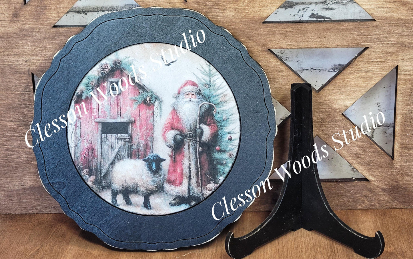 Santa tree Barn and Sheep Primitive Wood Plate Framed Art With Stand