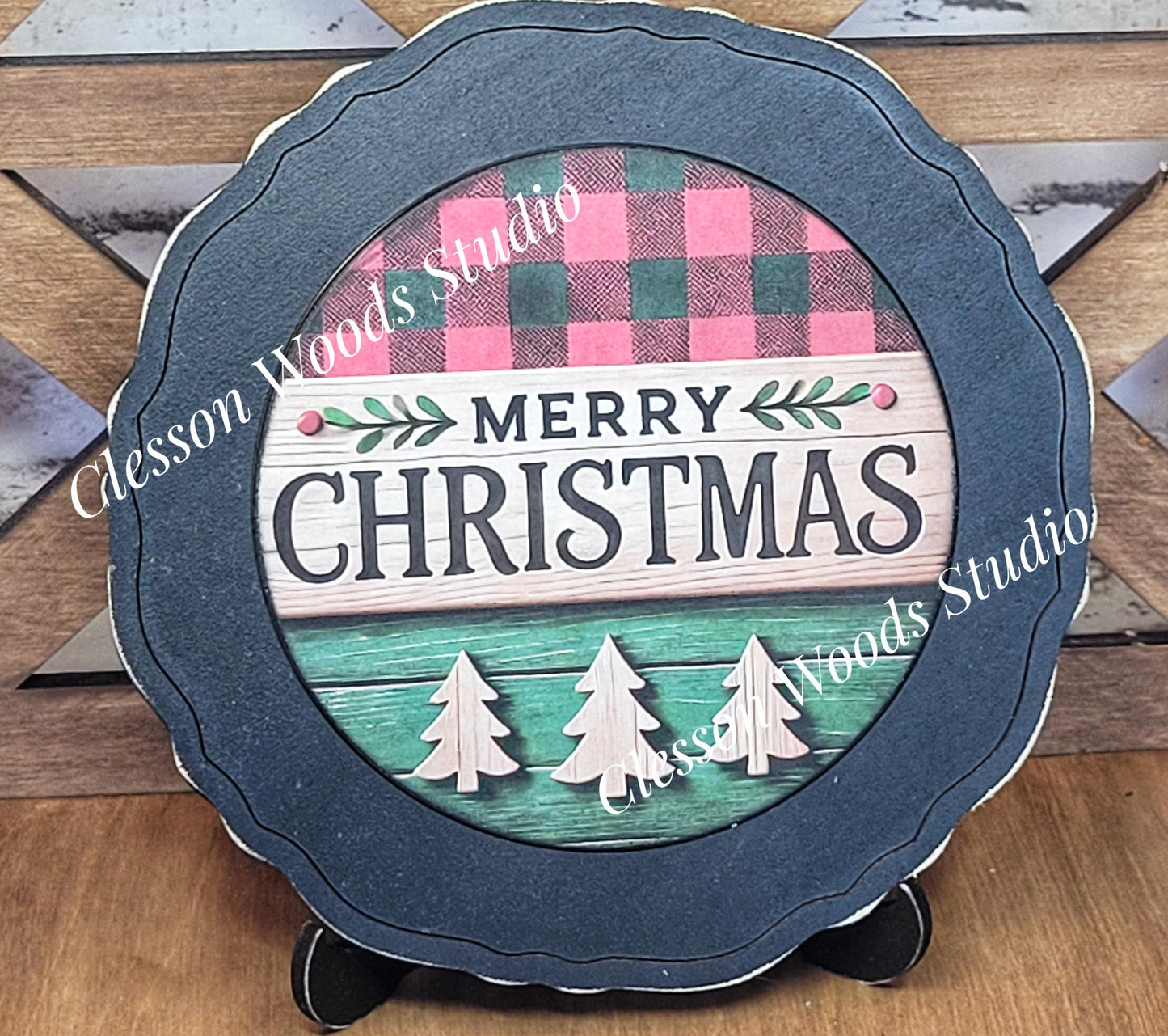 Merry Christmas Plaid and Wood Primitive Wood Plate Framed Art With Stand