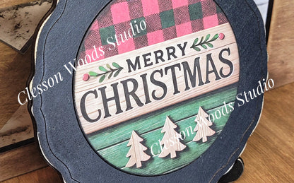 Merry Christmas Plaid and Wood Primitive Wood Plate Framed Art With Stand