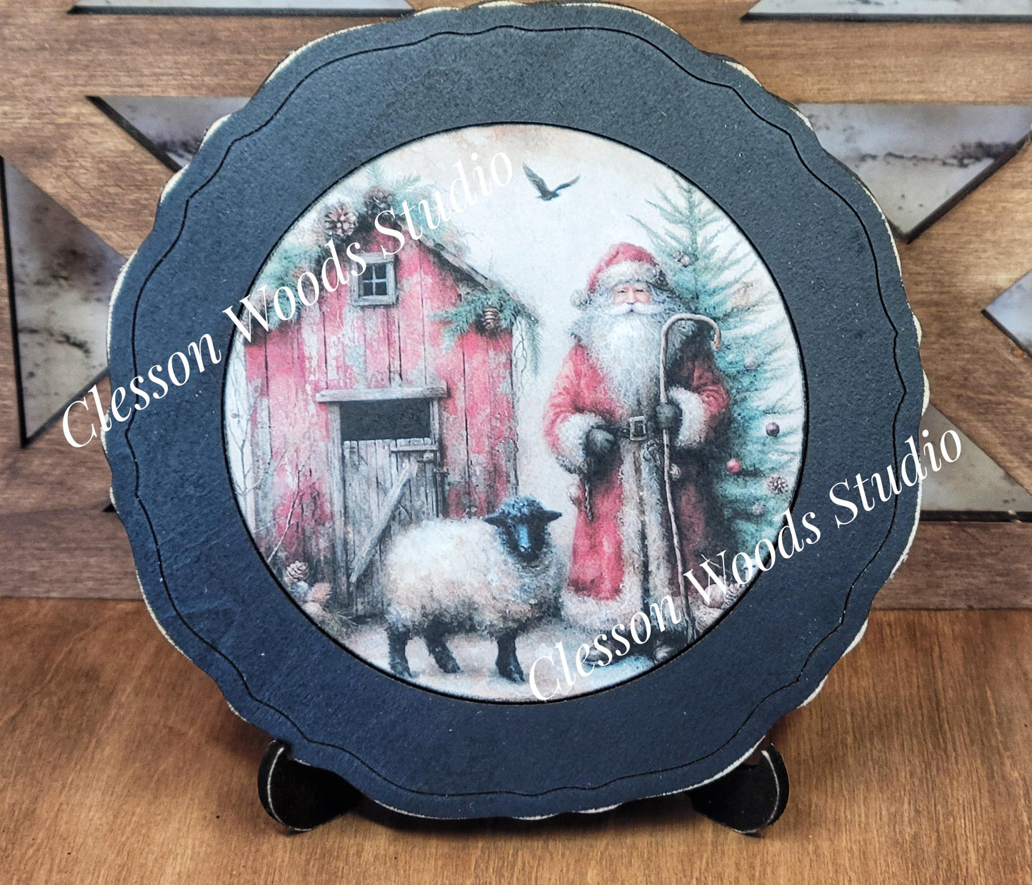 Santa Barn and Sheep Primitive Wood Plate Framed Art With Stand