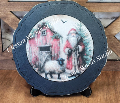 Santa Barn and Sheep Primitive Wood Plate Framed Art With Stand