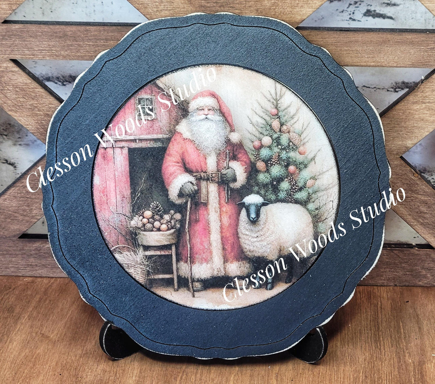 Santa Tree Barn Sheep Primitive Wood Plate Framed Art With Stand