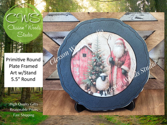 Santa tree Barn and Sheep Primitive Wood Plate Framed Art With Stand