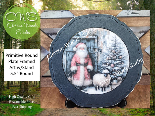 Santa Tree Blue Barn Sheep 2 Primitive Wood Plate Framed Art With Stand