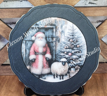 Santa Tree Blue Barn Sheep 2 Primitive Wood Plate Framed Art With Stand