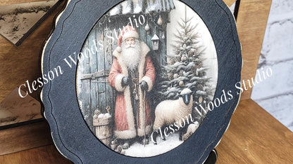 Santa Tree Blue Barn and Sheep  Primitive Wood Plate Framed Art With Stand