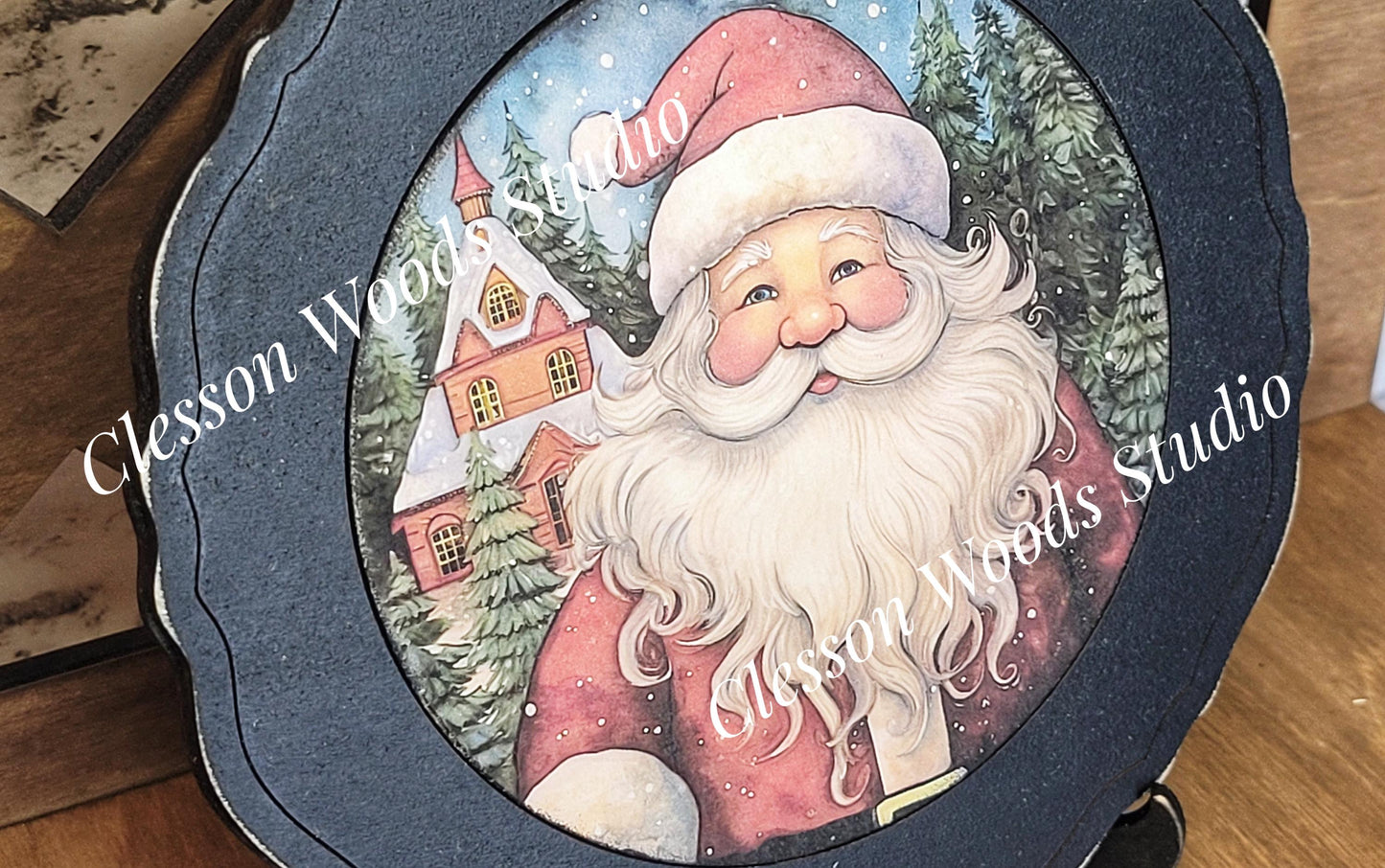 Santa Village Primitive Wood Plate Framed Art With Stand