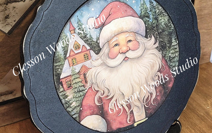 Santa Village Primitive Wood Plate Framed Art With Stand