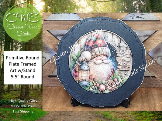 Santa With Lantern Primitive Wood Plate Framed Art With Stand