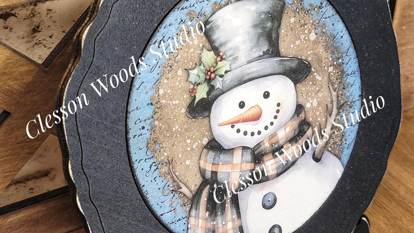 Snowman Blue and Brown Primitive Wood Plate Framed Art With Stand