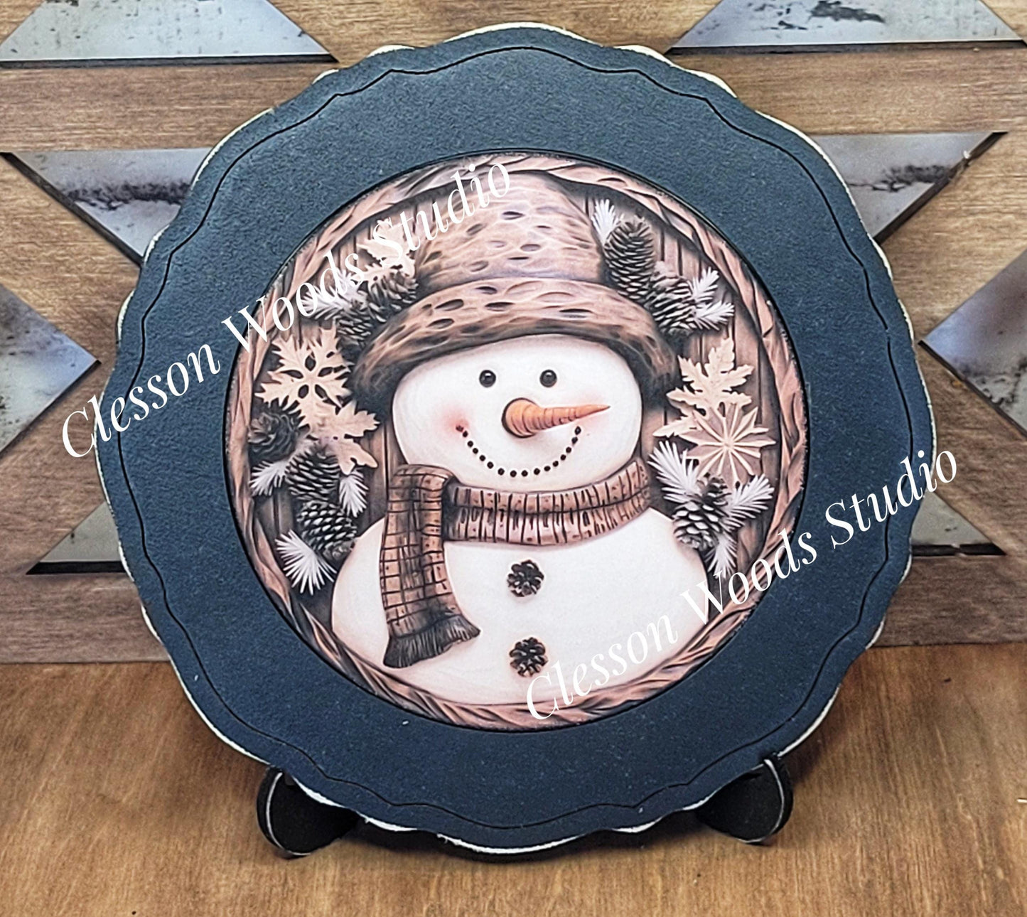 Snowman Brown Pinecones Primitive Wood Plate Framed Art With Stand