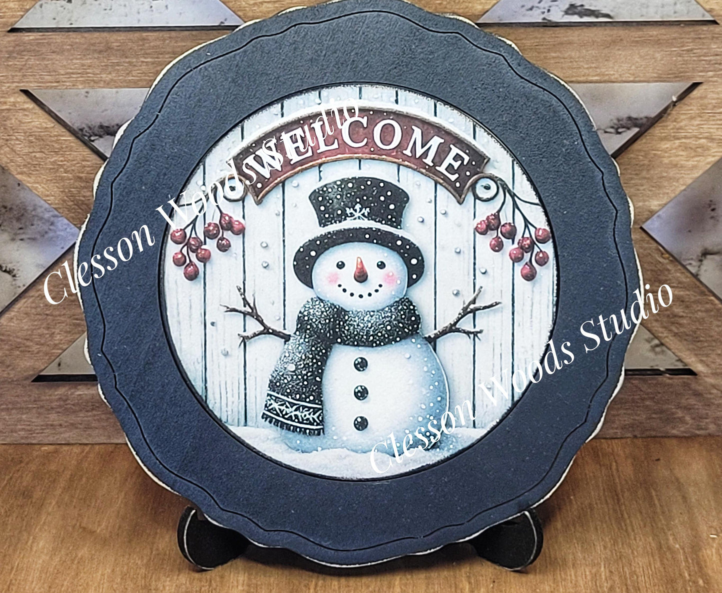 Snowman Welcome Banner Primitive Wood Plate Framed Art With Stand