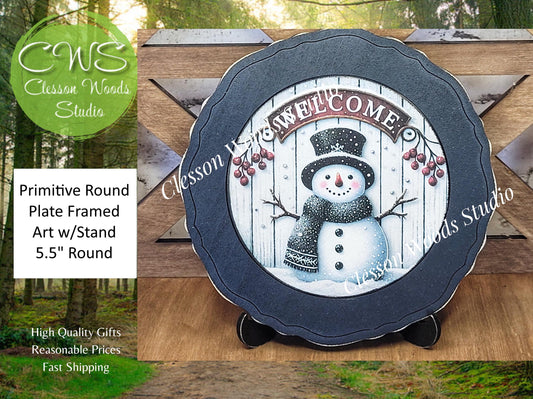 Snowman Welcome Banner Primitive Wood Plate Framed Art With Stand