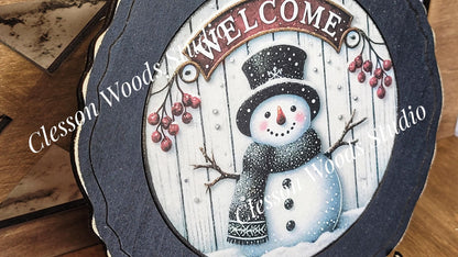 Snowman Welcome Banner Primitive Wood Plate Framed Art With Stand