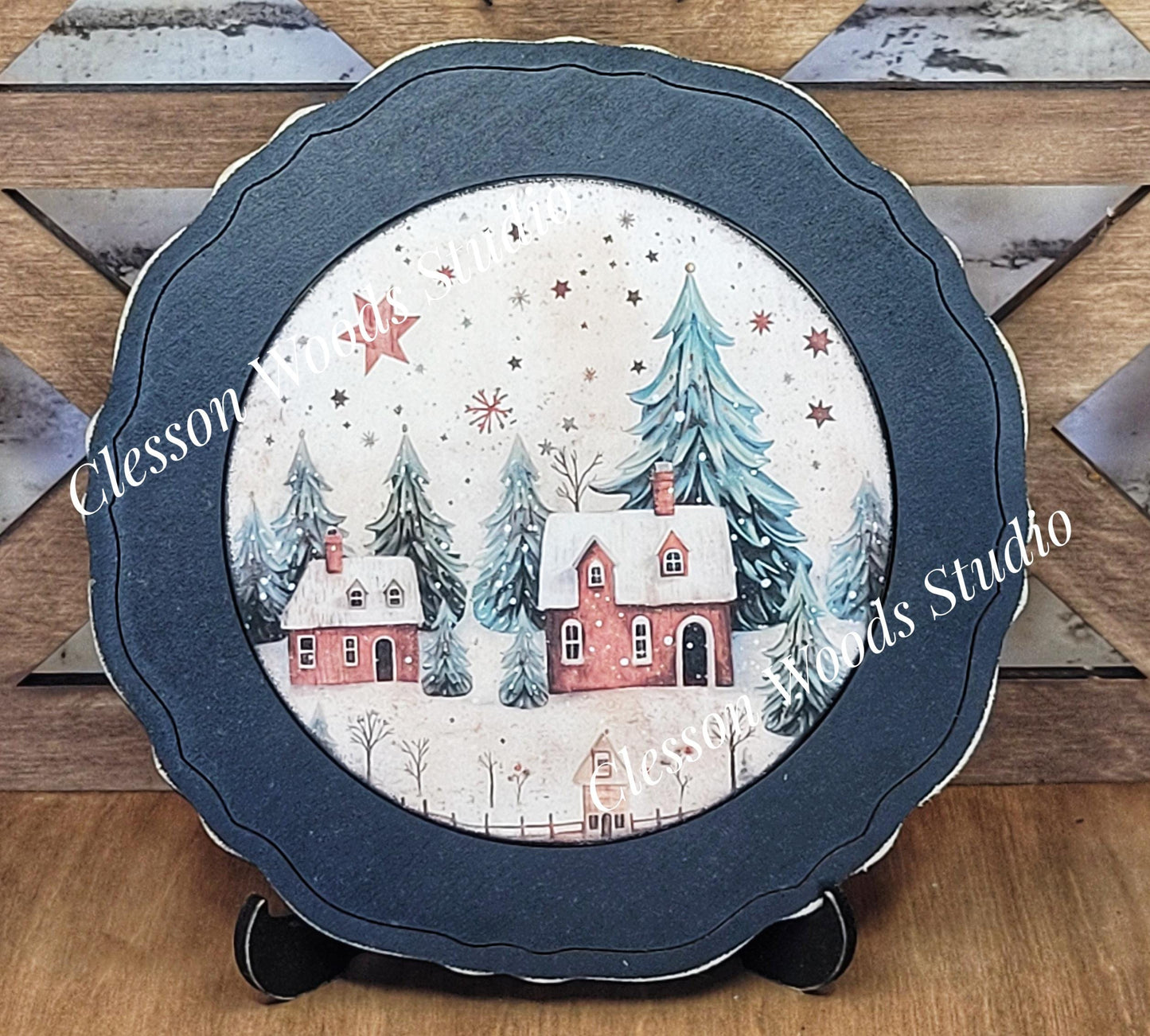 Winter Folk Art Village 1 Primitive Wood Plate Framed Art With Stand