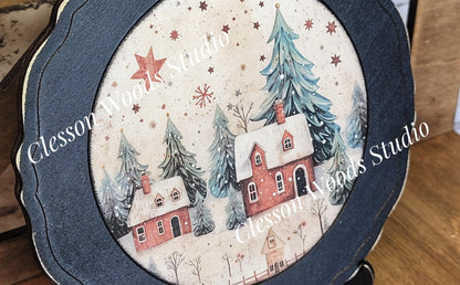 Winter Folk Art Village 1 Primitive Wood Plate Framed Art With Stand
