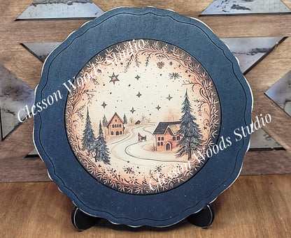 Winter Folk Art Village 3 Primitive Wood Plate Framed Art With Stand