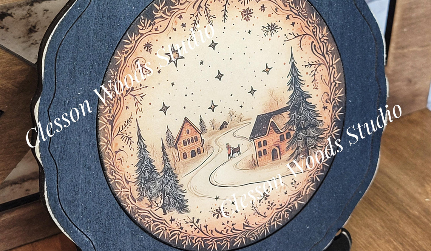 Winter Folk Art Village 3 Primitive Wood Plate Framed Art With Stand