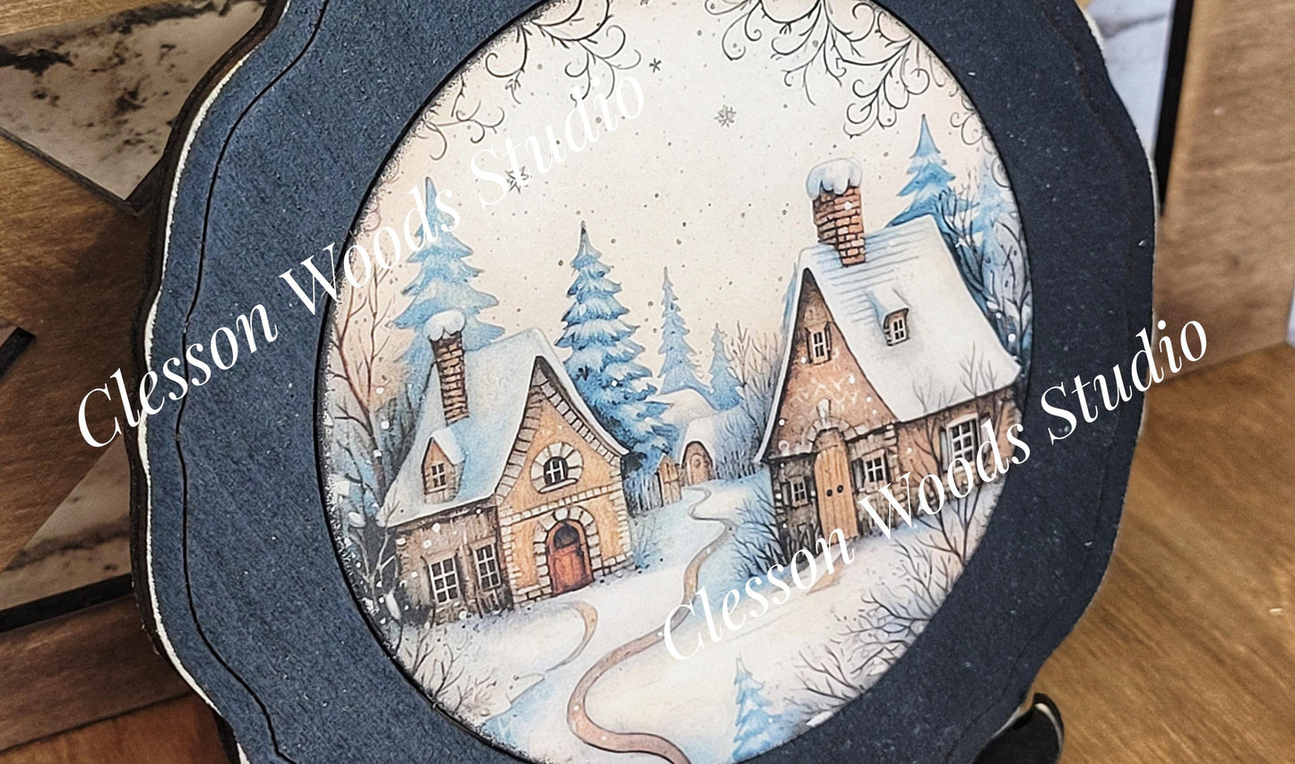 Winter Folk Art Village 4 Primitive Wood Plate Framed Art With Stand