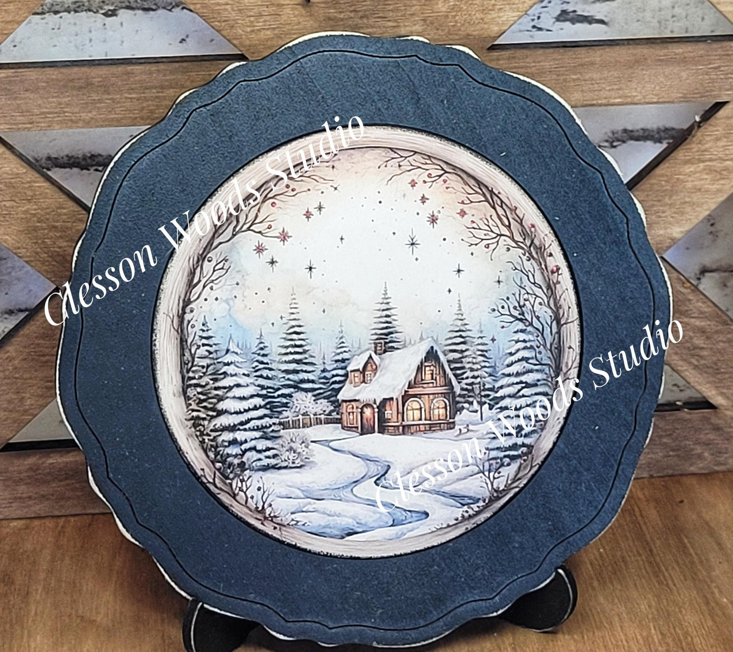 Winter Folk Art Village 5 Primitive Wood Plate Framed Art With Stand