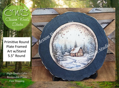 Winter Folk Art Village 5 Primitive Wood Plate Framed Art With Stand