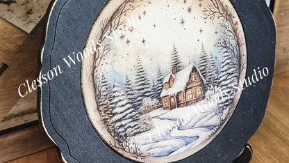 Winter Folk Art Village 5 Primitive Wood Plate Framed Art With Stand