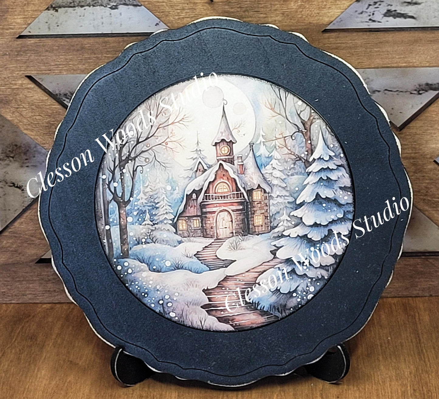 Winter Folk Art Village 6 Primitive Wood Plate Framed Art With Stand
