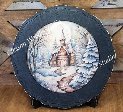 Winter Folk Art Village 6 Primitive Wood Plate Framed Art With Stand